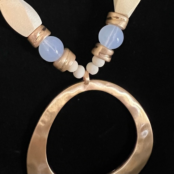 Gold and Cream Beaded Necklace with Distinctive Pendant - Picture 3 of 13